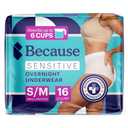 Because Adult Incontinence Underwear for Sensitive Skin - Women - Premium Overnight Disposable Briefs, Anti Odor - White, Small/Medium - Absorbs 6 Cups - 16 Count (Pack of 1)