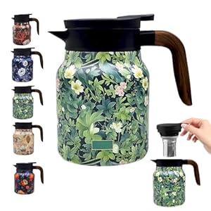 Vintage Floral Pattern Tea Pots  Built-in Infuser,Vintage Floral Teapot with Built In Infuser Stainless Steel Thermal Carafe with Lid for Hot Drinks,Green(Wooden handle,35oz)