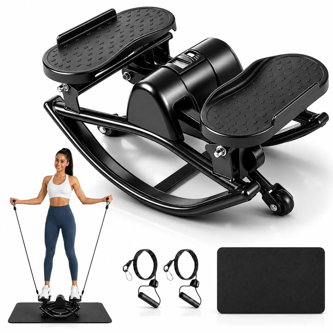 Rock Stepper, Side to Side Lateral Rocking Exercise Machine for Home Workout, Low-Impact Lateral Stair Stepper with Resistance Bands & LCD Monitor, 250 LBS Capacity Fitness Equipment (Pink)