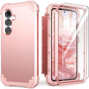 IDweel for Galaxy S25 5G Case with Screen Protector, Hybrid 3 in 1 Shockproof Heavy Duty Protection Hard PC Bumper+Soft Silicone Protective Full Body Cover for Samsung Galaxy S25 5G 6.2", Rose Gold