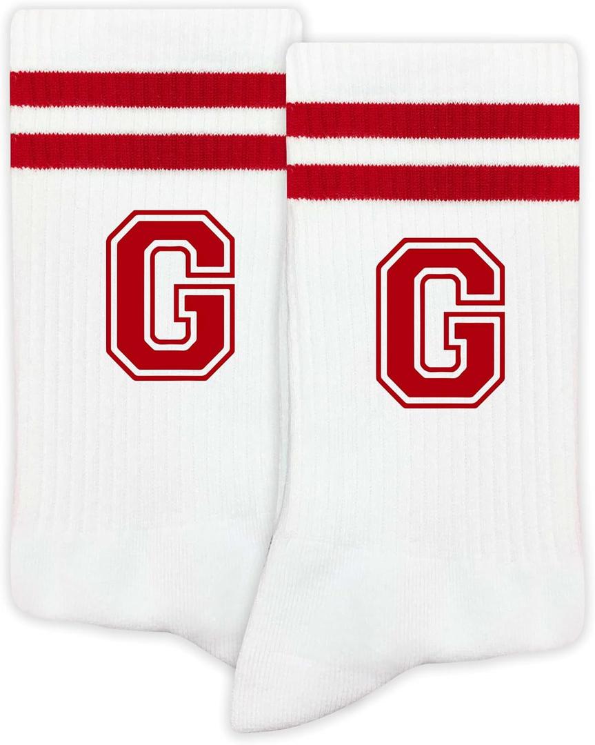 SSQBZU Striped Initial Socks with the Letter ‘G’ in Red, Socks for Adult, Teens, Men & Women, Gifts for Friends, Family, etc., Gifts for Birthday, Back to School, Graduation, Christmas