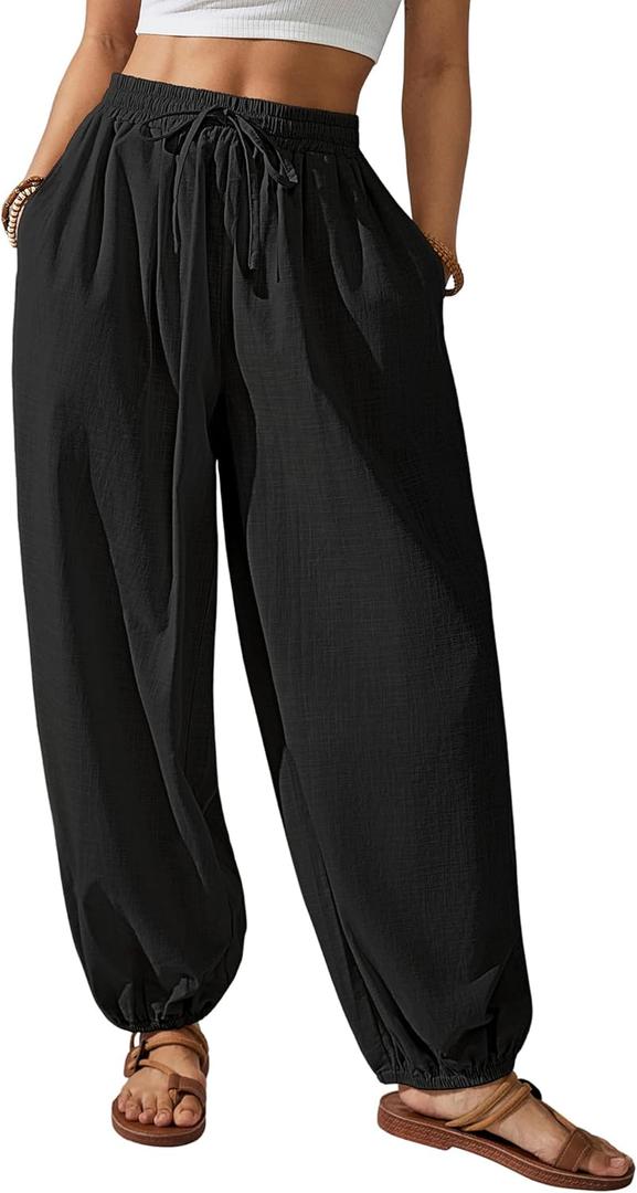 Bsubseach Womens Cotton Harem Pants Elastic Waist Baggy Pant Drawstring Balloon Trouser Loose Beach Pants with Pockets (Large, Black)