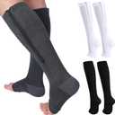 Nuanchu 3 Pairs Open Toe Zipper Compression Socks 20-30mmhg Zipper Compression Toeless Knee High Socks for Men Swelling Edema(XL,Black, White, Dark Gray)