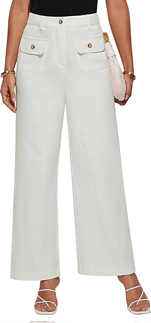 GRACE KARIN Women Wide Leg Pants High Waist Stretchy Pants Dressy Business Work Casual Trousers with Pockets (X-Large, White)