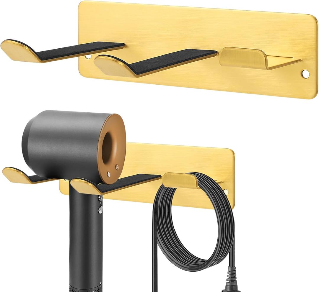 Hair Dryer Holder Wall Mount, Universal Hair Dryer Hanger for Bathroom/Bedroom/Barbershop, 304 Stainless Steel Organizer with 3M Adhesive, No Drilling Space Saver (Gold)