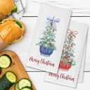 Chinoiserie Blue and White Christmas Tree Towels - Set of 2, Kitchen and Bathroom Hand Towels - Coquette Red Blue Decorations