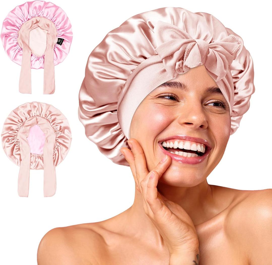 BONNET QUEEN Small Satin Bonnet Silk Bonnet for Sleeping Women Double Layer Reversible Hair Bonnet Adjustable Sleep Cap (Jade+pink)