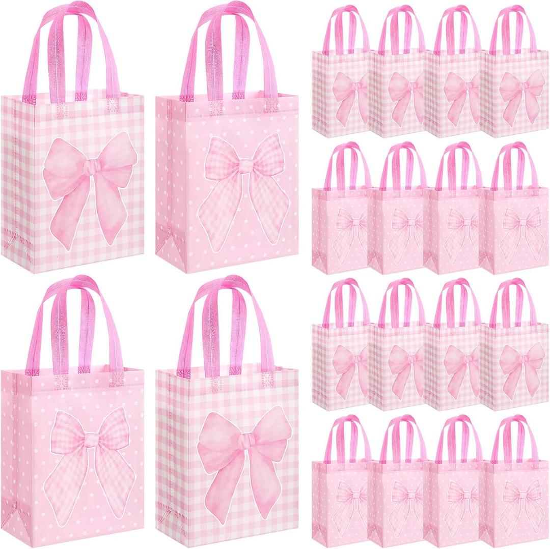 Wovnet 30 Pcs Pink Bow Gift Bags Reusable Non Woven Party Favor Bag Coquette Bow Goodie Treat Bags with Handle for Girls Wedding Bridal Shower Tea Party Birthday 10 x 8 x 4in