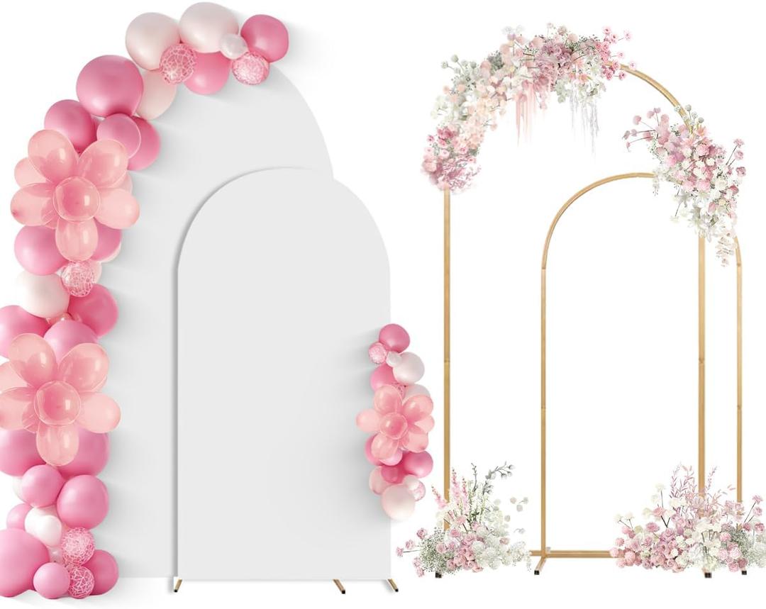SuuWoee Arch Backdrop Stand Set of 2 With Cover (6FT+5FT),Gold Metal Wedding Arch Balloon Stand With Cover for Birthday Party Baby Shower Graduation Ceremony Decoration