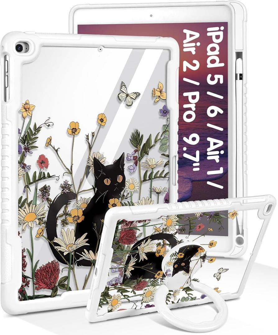 for iPad 5th/6th Gen, Air1/ Air2, Pro 9.7 Inch Case - Women Cute Girls with Stand & Pencil Holder Cover Black Cat Girly Protective Hard Funda for iPad 6/5 Generation, Air 1st/2nd, Pro 9.7