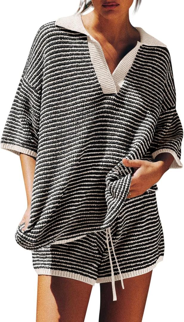 Tankaneo Womens Sweater Set 2 Piece Outfits Oversized 3/4 Sleeve V Neck Knit Tops High Waisted Shorts Lounge Sets (Black, M)