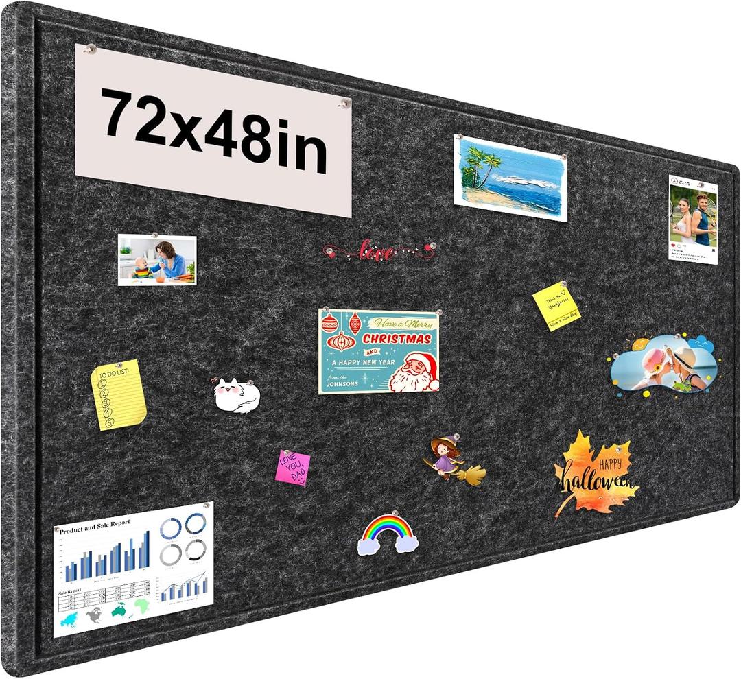 Large Bulletin Board, Foldable 72x48 Inches Cork Board Alternative, Large Felt Board Decorative Pin Board for Wall, Foldable Photo Board Self-Adhesive Vision Board with 36 Pushpins Dark Gray