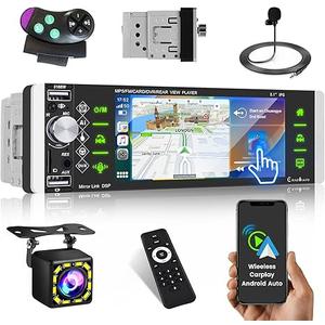 Roinvou Single Din Car Radio Stereo with Carplay Android Auto, 5.1 Inch Touch Screen Bluetooth Radio, Support FM Mirror Link Backup Camera Fast Charging Remote Control SWC