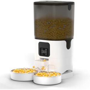 7L Automatic Cat Feeder for 2 Cats, 2-Way Splitter Timed Cat Dry Food Dispenser with 2 Bowls, Programmable Control 1-12 Meals, Dual Power Supply, Auto Pet Feeder for Multi-Pet (White)
