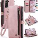 Defencase Compatible with Galaxy S21 FE 5G Case Wallet with RFID Blocking Card Holder for Women Men, PU Leather Magnetic Snap Flip Zipper Strap Phone Case Fit for Samsung Galaxy S21 FE 5G, Rose Pink