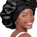 YANIBEST Silk Bonnet for Sleeping Women Satin Bonnet Double Layer Satin Lined Hair Bonnet with Tie Band Curly Hair Black (Large)