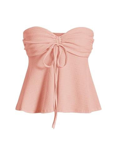 Milumia Women Tie Front Ruched Tube Top Y2k Summer Strapless Peplum Tops Babydoll Flowy Tops Pink Small