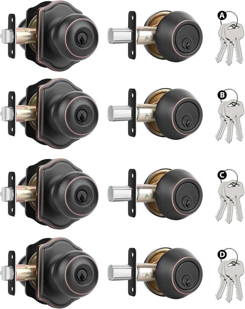 Goldenwarm Oil Rubbed Bronze Exterior Door Knob and Single Cylinder Deadbolt, Keyed-Different Entry Locksets with Lock and Key 4 Pack Set