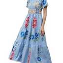 ACCPUR Women's Summer Boho Maxi Dresses Floral V Neck Tiered Short Sleeve Long Dress Flowy Beach Vacation Dress with Pockets Light Blue S