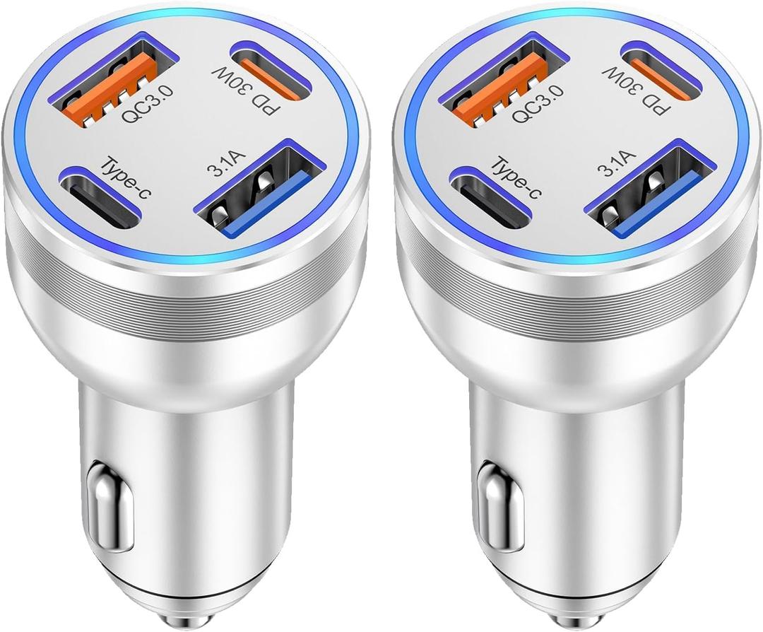 [2-Pack] Car Charger USB C, 4 in 1 65W Fast Charging 4-Port Dual USBC & USB A Car Phone Charger Cargador Carro Lighter Adapter for iPhone 17 16 15 14 13 12 Pro Max, iPad, Samsung,Tablet, Android (Silver)