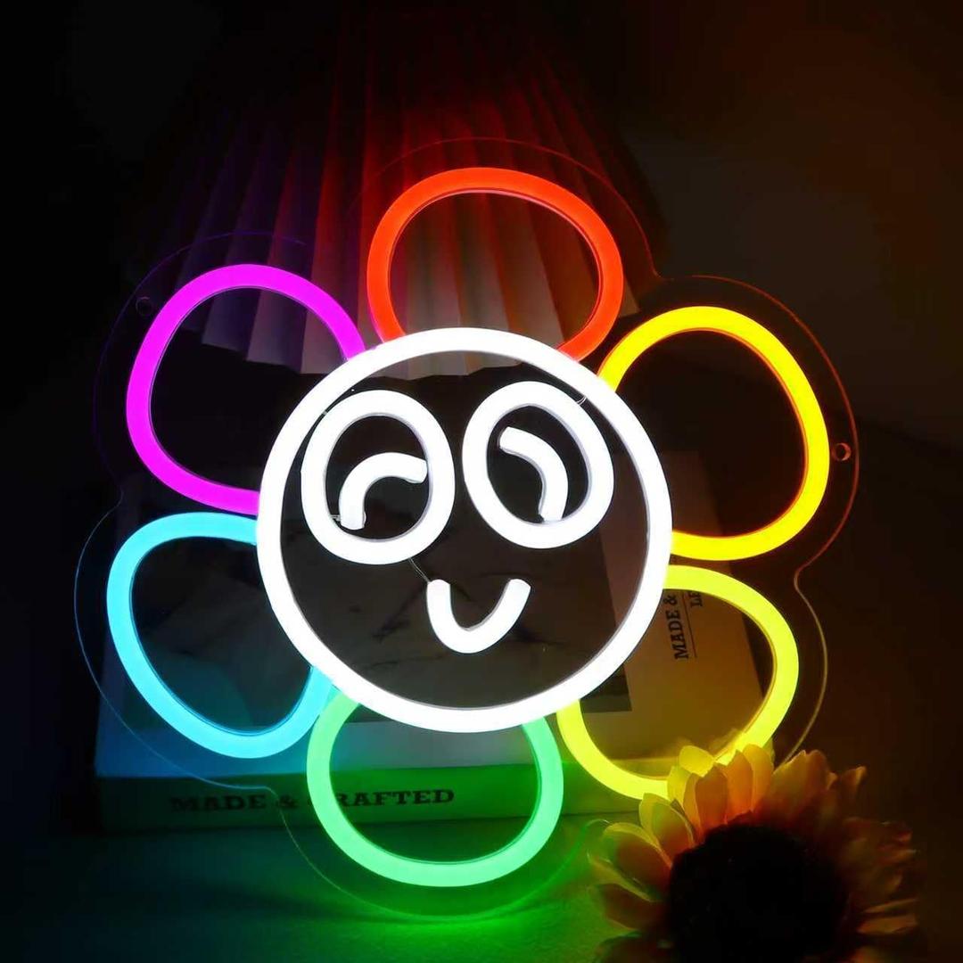 Sunflower Neon sign Dandy Sign Smile Face LED Neon Light for Wall Decor, Dimmable Rainbow Flower Light for Bedroom Bar Wedding Party Children's Room, Christmas Gift for kids
