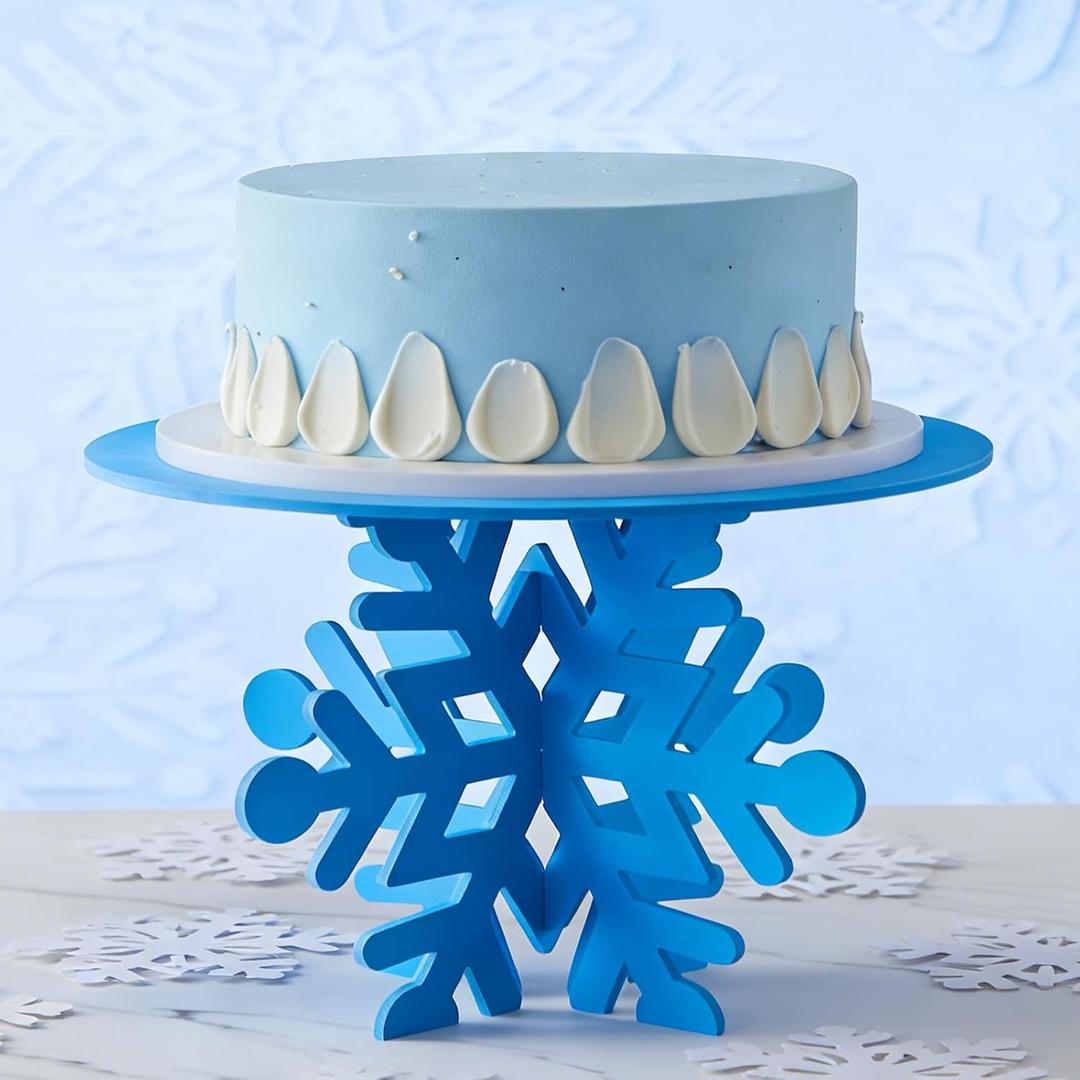 Lallisa 12" Blue Snowflake Frozen Cake Stand 3D Snowflake PVC Cake Decorations with Engraved Snow Themed Holder Winter Dessert Stand Centerpieces for Frozen Winter Birthday Party Supplies