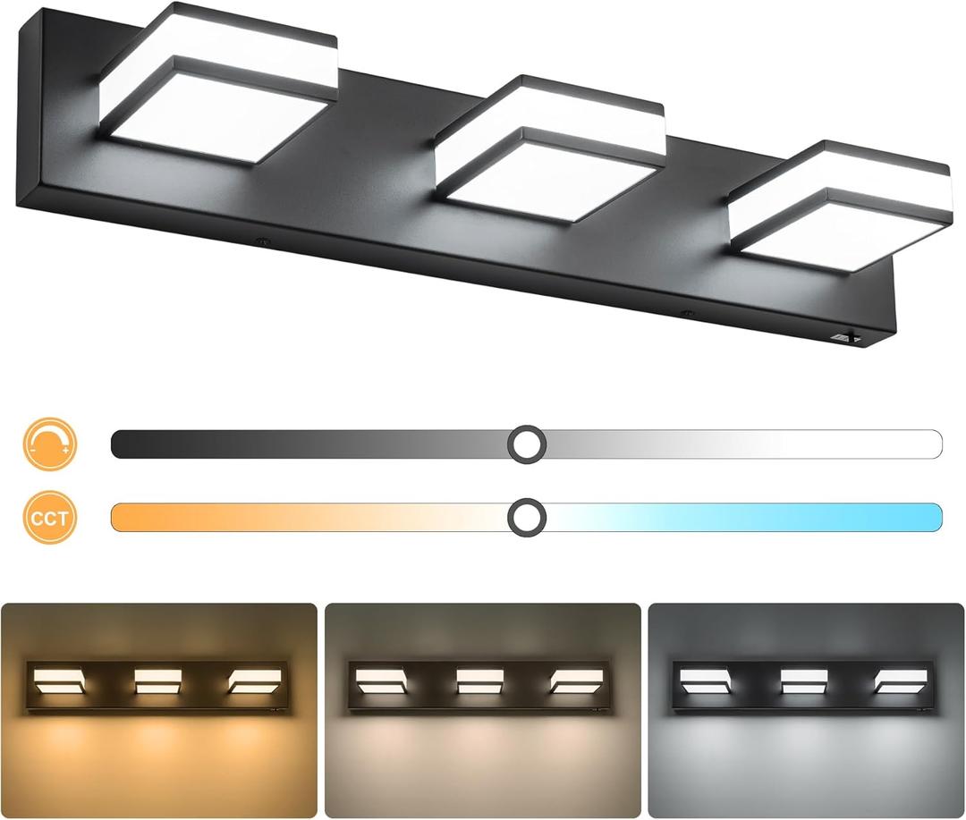 BrkNit Modern LED 3 Light Bathroom Vanity Lights Over Mirror, 24W Dimmable 3CCT Acrylic Black Bathroom Wall Lighting Fixtures with 350° Rotatable Angle, 24 Inch