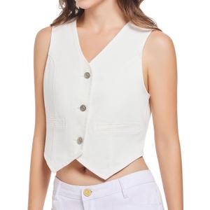 V VOCNI Womens Denim Vest V Neck Sleeveless Button Down Jean Vests Top Waistcoat Vest (White, S)
