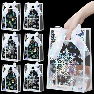 SilTriangle 24 Pcs Clear Christmas Snowflake Gift Bags with Handle Christmas Winter Transparent PVC Gift Bags with Ribbon Reusable Candy Treat Bag PVC Wrap for Xmas Party Favors(Holographic Silver)