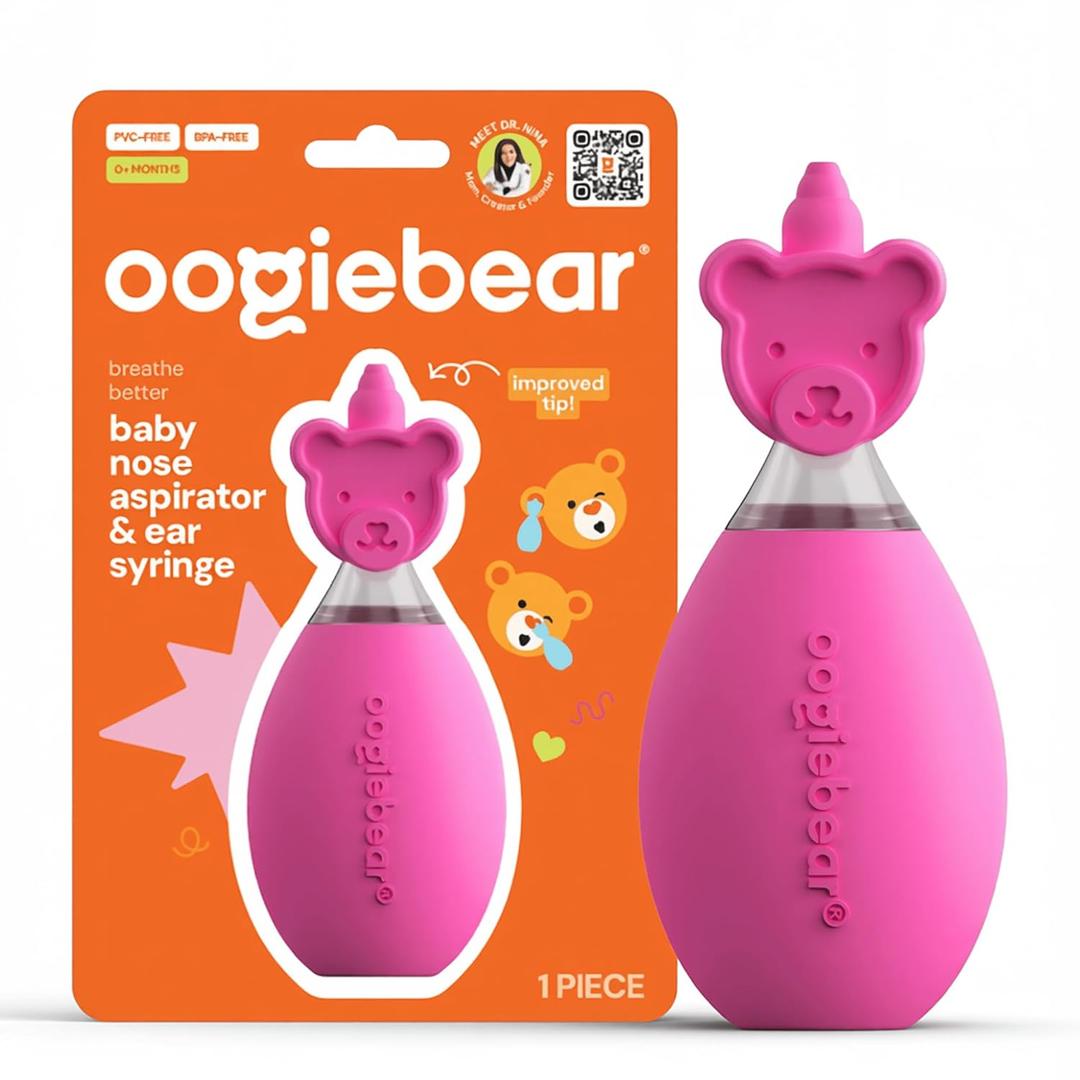 oogiebear: Baby Nasal Aspirator - Safe Booger & Earwax Remover for Newborns, Infants, Toddlers - Better Syringe, Airtight Suction, Nose Sucker - Essential Baby Stuff, Diaper Bag Must-Haves, Pink