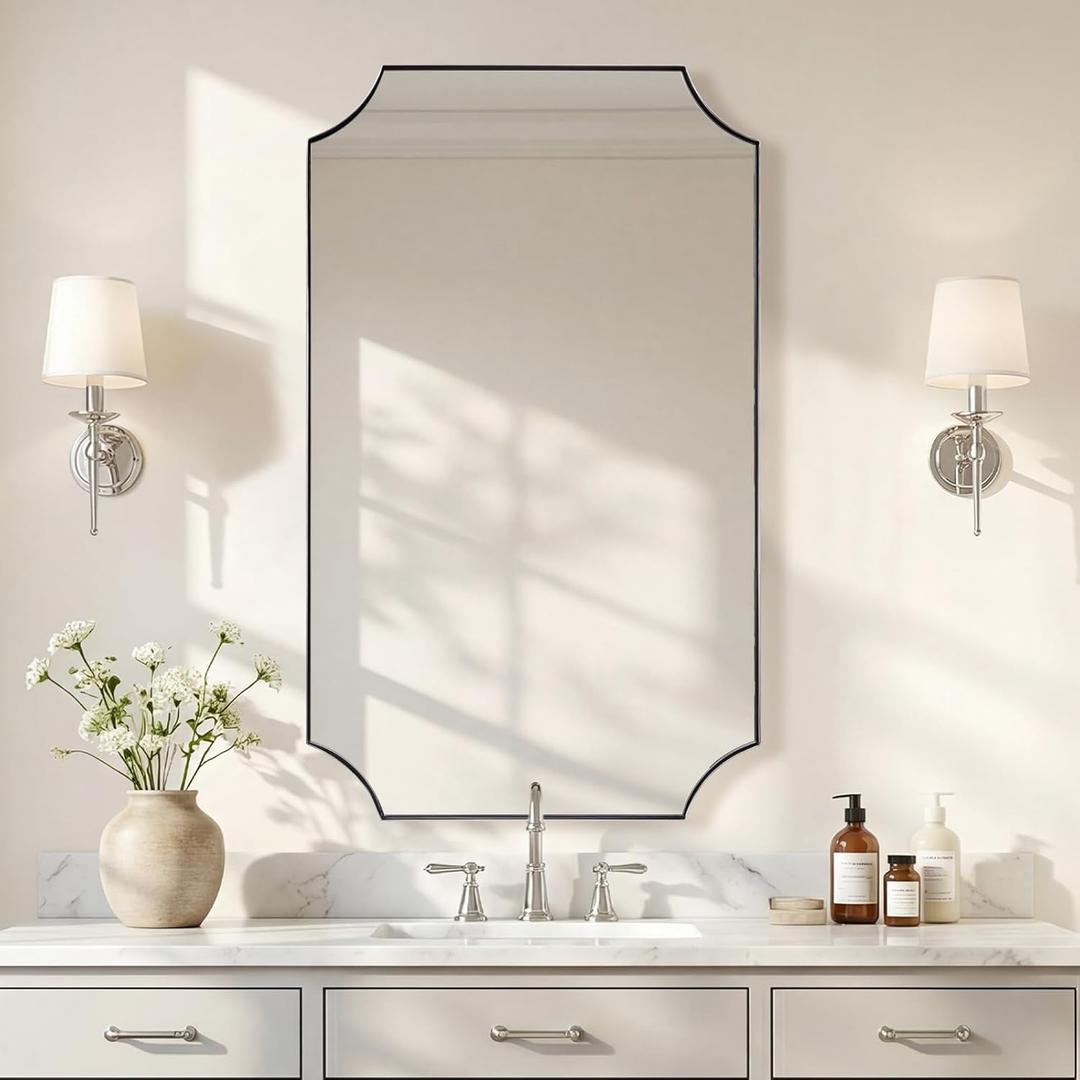 ANDY STAR Chrome Bathroom Mirror 24x40 Inch, Scalloped Mirror for Bathroom, Polished Chrome Framed Mirror in Anti-Rust Stainless Steel Metal Thin Frame Deep 1", Hangs Vertically or Horizontally