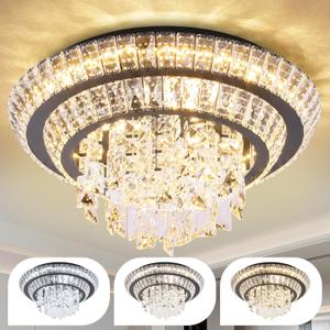 COCOSTAR Black Elegant LED Crystal Raindrop Ceiling Light, 18" Modern Flush Mount Chandelier Light Fixture with Remote Control, 3CCT Dimmable, for Living Room Kitchen Island Bedroom Entryway Foyer