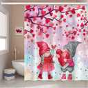 69x70 Inch Happy Valentine's Day Themed Shower Curtain Gnomes Couples Under Red Love Heart Trees for Bathroom Decor Waterproof Fabric Polyester Shower Curtain Sets with Hooks