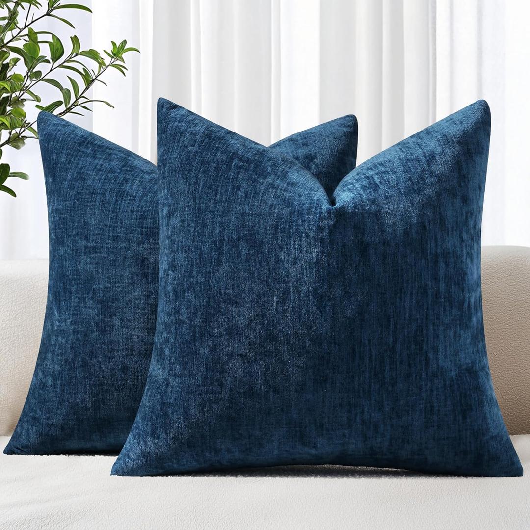 decorUhome Chenille Navy Blue Throw Pillow Covers 18x18 Inch Set of 2, Decorative Soft Couch Pillow Covers Solid Dyed Accent Farmhouse Neutral Square Pillow Cases for Sofa Bed Living Room