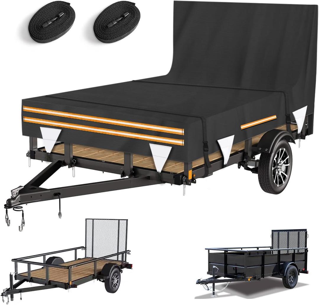 5 x 8 Windproof Utility Trailer Cover, 600D Waterproof Heavy Duty Cover with Rear Landscape/Tailgate Ramp with Windproof Ropes Fits 5 x 8 FT Trailers