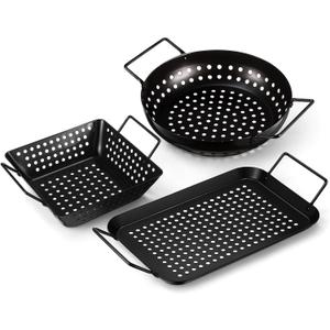 3 Pack Grill Topper Pans for Outdoor Grill, Stainless Steel Vegetables BBQ Grilling Basket with Holes Handles, Nonstick Barbecue Pan Grilling Gifts for Camping Picnic Cooking Seafood Meat