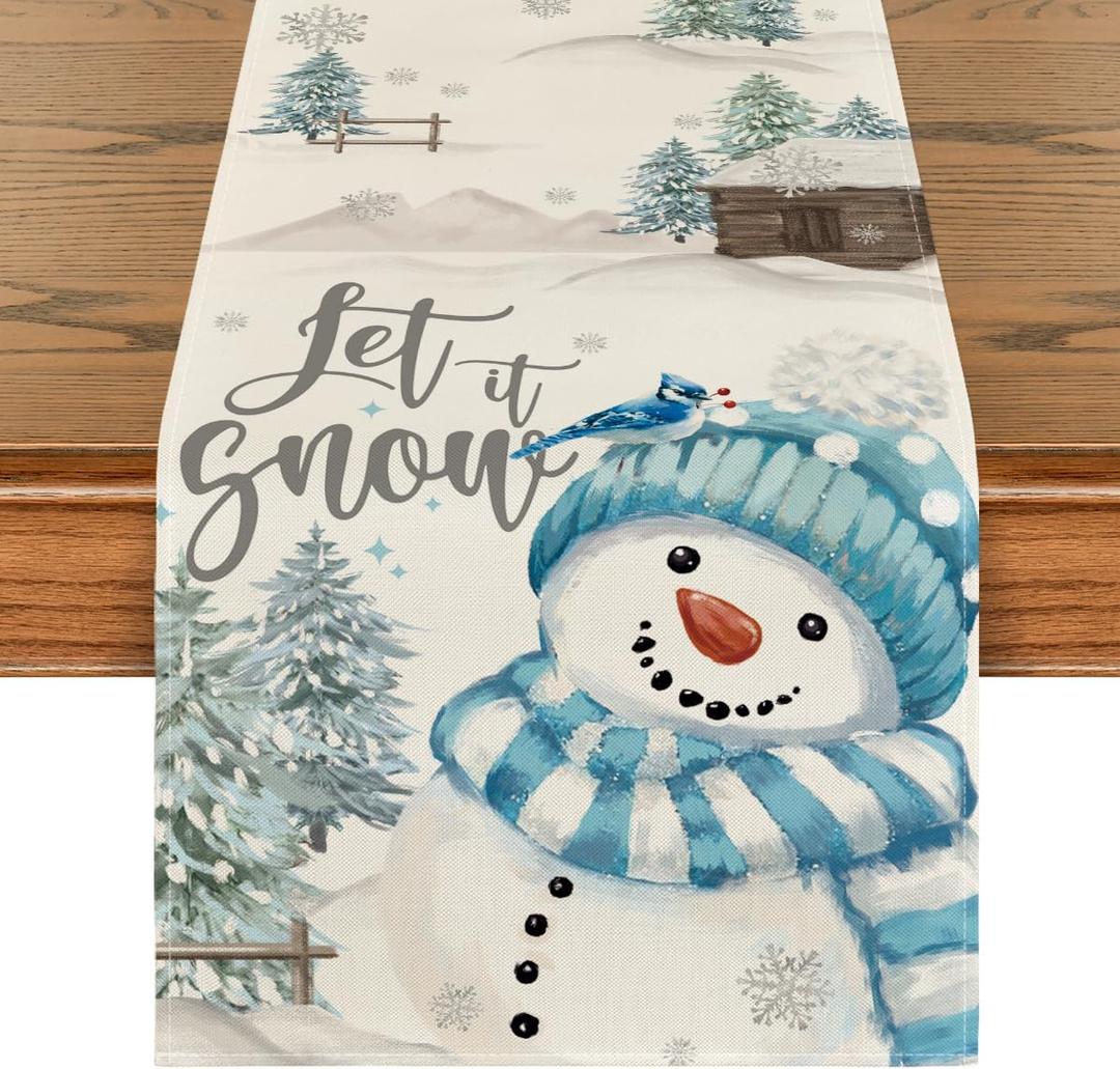 Artoid Mode Xmas Trees Let It Snow Blue Snowman Christmas Table Runner, Seasonal Winter Holiday Kitchen Dining Table Decoration for Home Party Decor 13x72 Inch