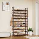 LANTEFUL Tall Shoe Rack 10 Tier Shoe Organizer Large Shoe Shelf with 18 Hooks Storage for 50 Pair Sneaker and Boot, Stackable Vertical Shoe Rack Organizer for Closet, Entryway, Bedroom, Brown