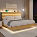 Feonase Floating Bed Frame King with Led Lights and Charging Station, Wood Full Size Bed Frame with Storage Headboard, Heavy Duty Metal Slats, No Box Spring Needed, Easy Assembly,Oak