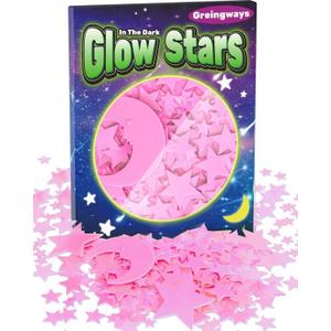 Greingways 201 Pcs Glow in The Dark Stars Stickers for Ceiling Bedroom, Stocking Stuffers for Kids Ages 3-5, 4-8, 8-12, Boys Girls Room Decor Wall Stickers Stocking Stuffers for Toddler-Pink