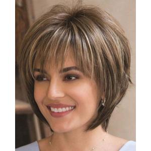 Pixie Cut Layered Short Brown Wigs with Bangs Straight Synthetic Hair Wigs for White Women (Blonde Mixed Brown)