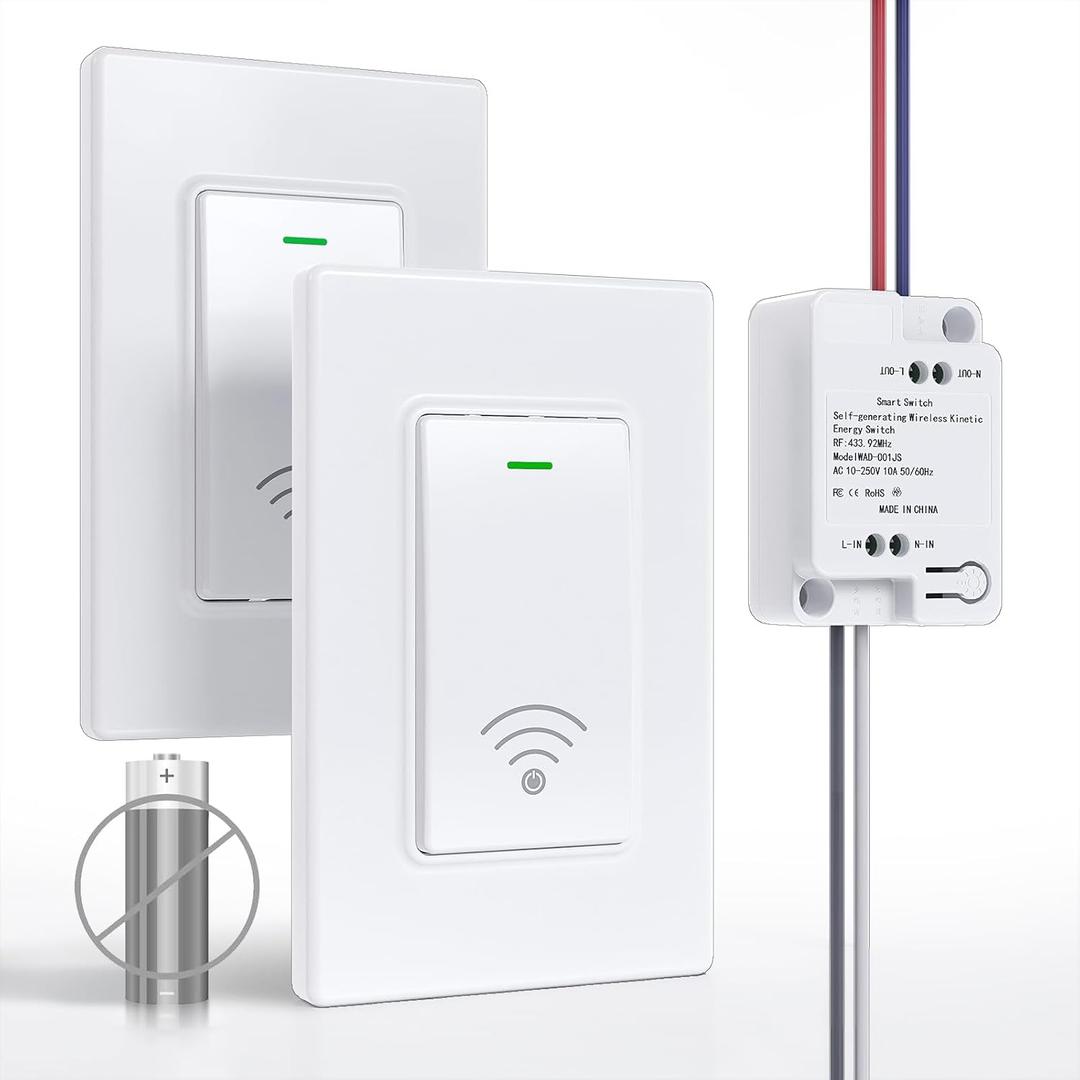 Wireless Remote Light Switch Kit, 2 Switches + 1 Receiver, Battery-Free Wireless Wall Switch, No New in-Wall Wiring, No Wi-Fi, for Stairs, Hallway, Bedroom