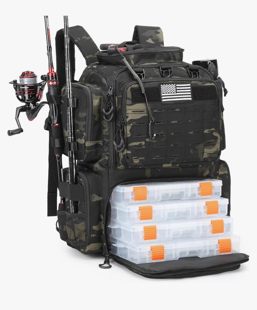 Tactical Fishing Tackle Backpack with Tackle Boxes, Rod Holders, Bottle Holder, 50 L Large Insulated Fishing Backpack Tackle Box with Cooler, Fishing Bag Store Gear & Equipment, Black CM