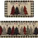 Artoid Mode Buffalo Plaid Xmas Tree Merry Christmas Kitchen Mats Set of 2, Winter Home Decor Low-Profile Kitchen Rugs for Floor - 17x29 and 17x47 Inch (Black/Beige)