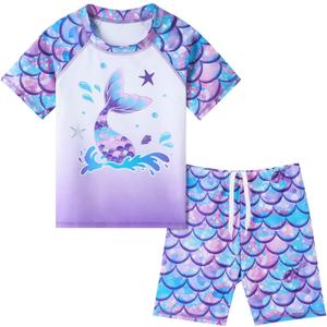 WAWSAM 2 Pieces Girls Rash Guard Toddler Swimsuit Girl Swimsuit Short Sleeve Bathing Suit for 3-6 Years (5T, Mermaid Purple)