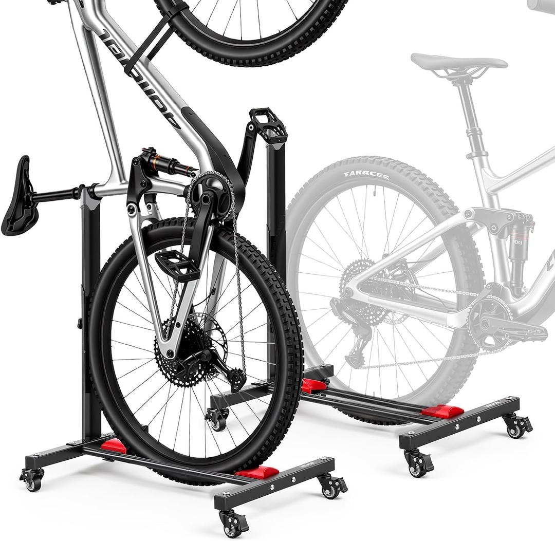 VEVOR Bike Stand 2 Pack, Freestanding Vertical & Horizontal Bike Storage Rack, with Lockable Casters, Height Adjustable Carbon Steel Upright Garage Bicycle Floor Stand, for 20-29 in Wheels, Black