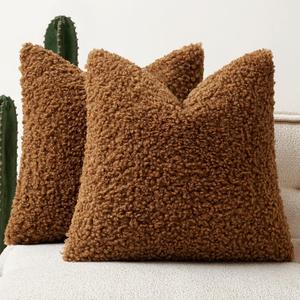Woaboy Faux Fur Throw Pillow Covers 18x18 Inch Set of 2 Boucle Neutral Decorative Sherpa Fuzzy Accent Soft Sheepskin Fleece Cushions Modern Home Fall Decor for Couch Sofa Bedroom Living Room,Brown