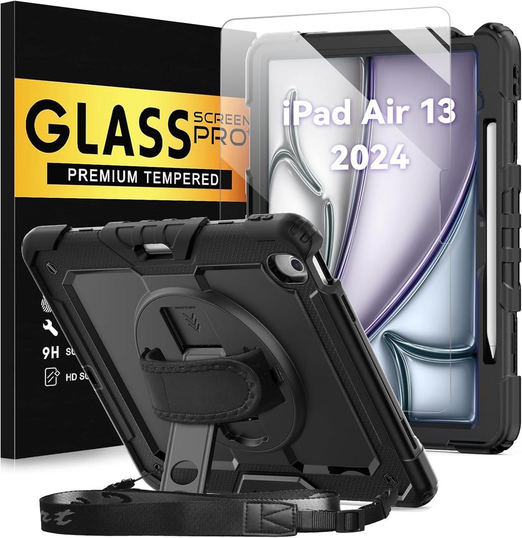 BLOSOMEET Protective Case for iPad Air 13 Inch M3 2025 & M2 2024 with Tempered Glass Screen Protector & Pencil Holder, Rugged Construction iPad Air 13 Cover with Stand Hand Shoulder Strap (Black)