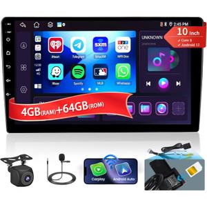 8 Core 4+64GSupport SIM Card Android Car Stereo Double Din Radio with Wireless Carplay Android Auto, 10.1 Inch Radio WiFi, GPS Bluetooth 5.0 AM/FM/RDS Mic Backup Camera EQ DSP