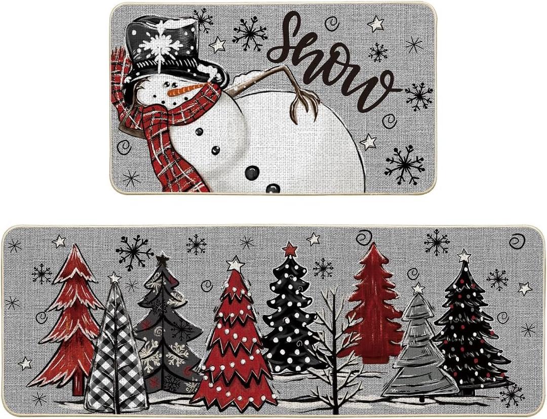 Artoid Mode Grey Snowman Xmas Tree Snowflake Let It Snow Christmas Kitchen Mats Set of 2, Winter Home Decor Low-Profile Kitchen Rugs for Floor - 17x29 and 17x47 Inch